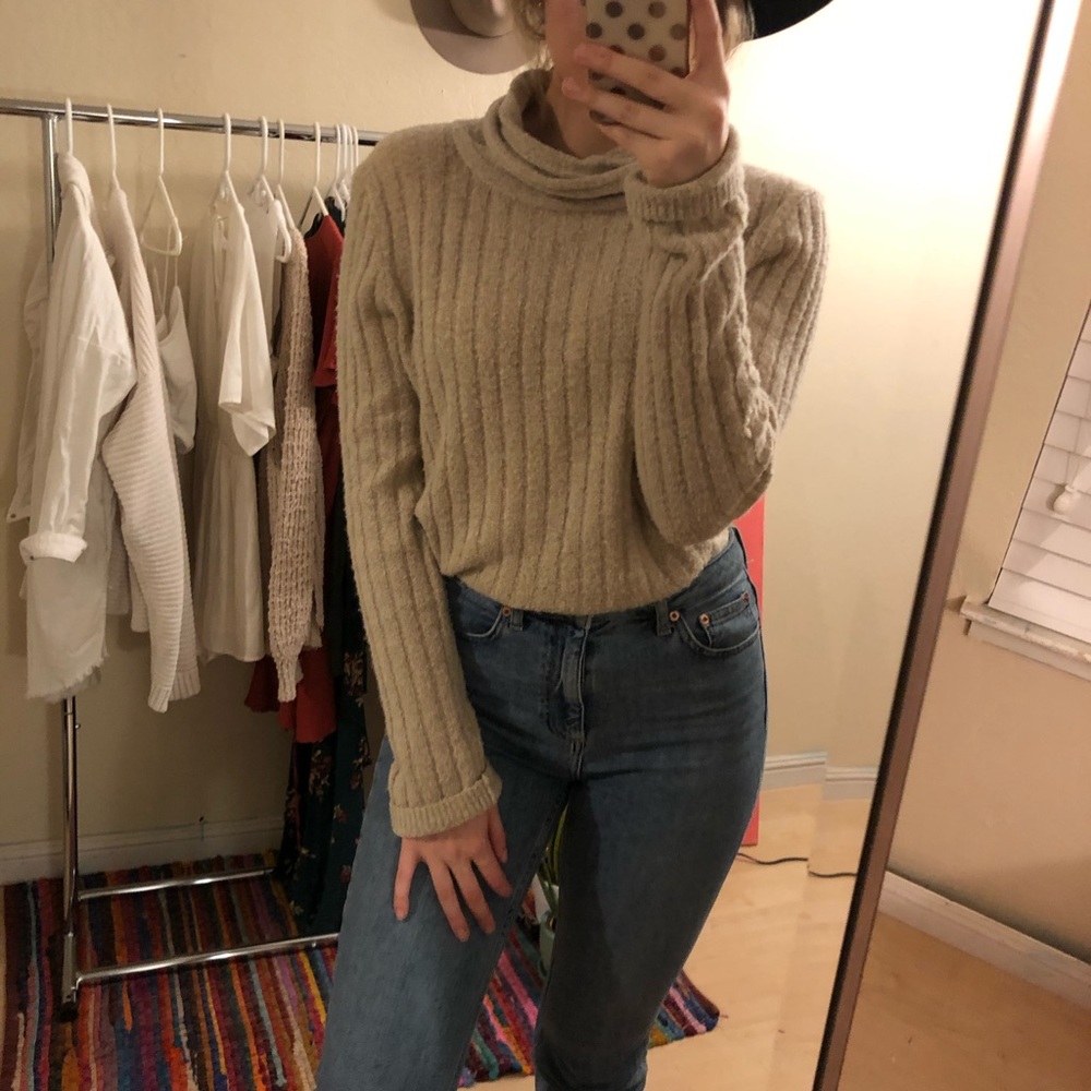 Ribbed Beige Turtleneck Sweater